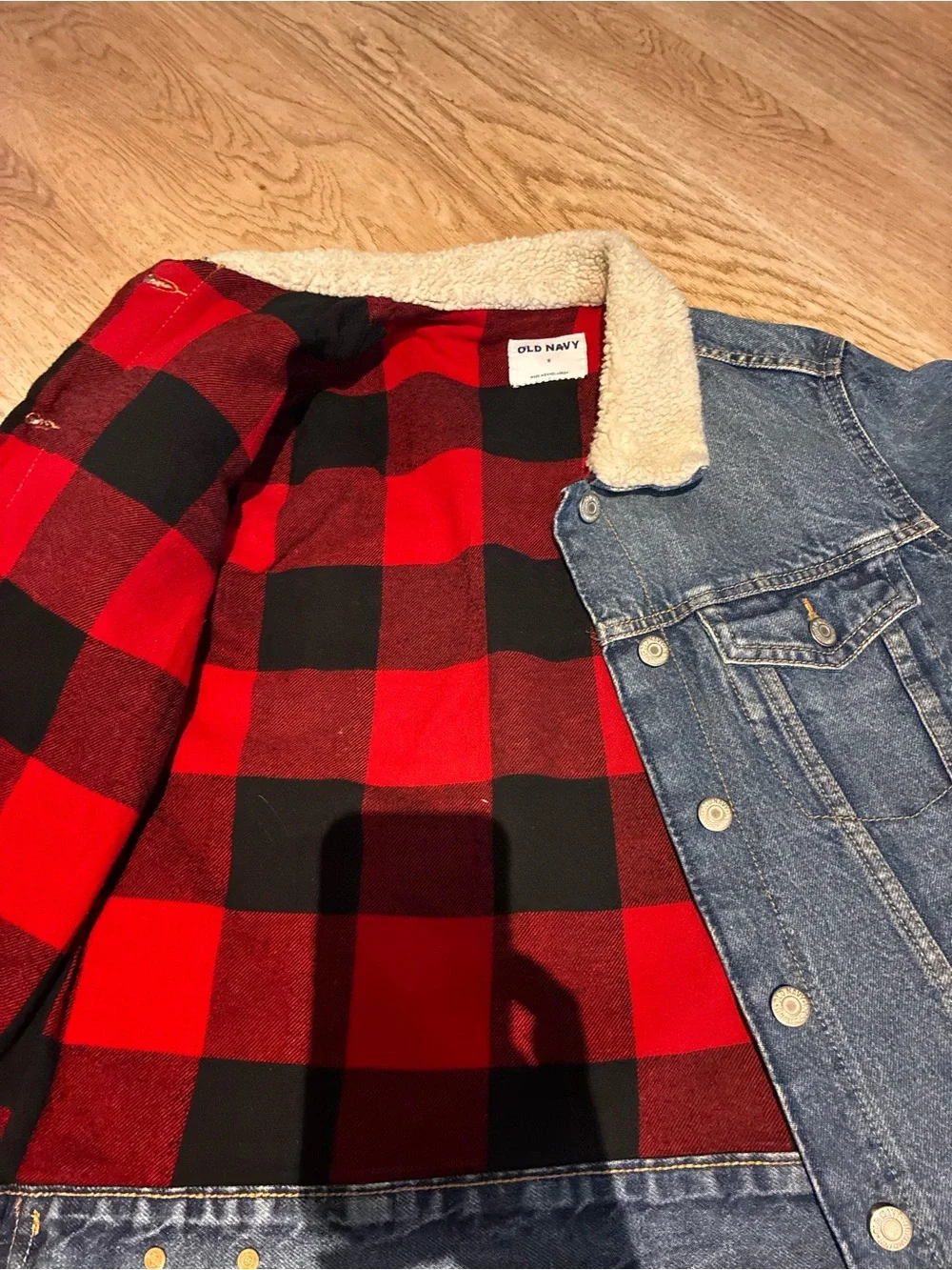 Old Navy Blue Denim Jacket with Cream Sherpa Collar and Red Plaid Lining